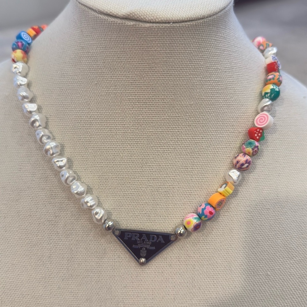Prada Multicolor Beaded Pearl Necklace with Triangle Logo